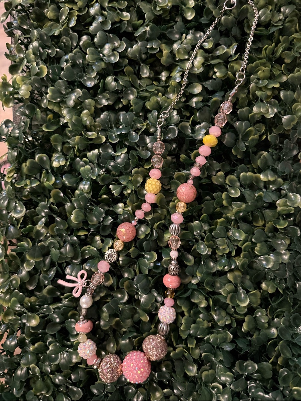 Handmade Pink Coquette Chunky Beaded Bow Necklace Ribbon Charm Statement
